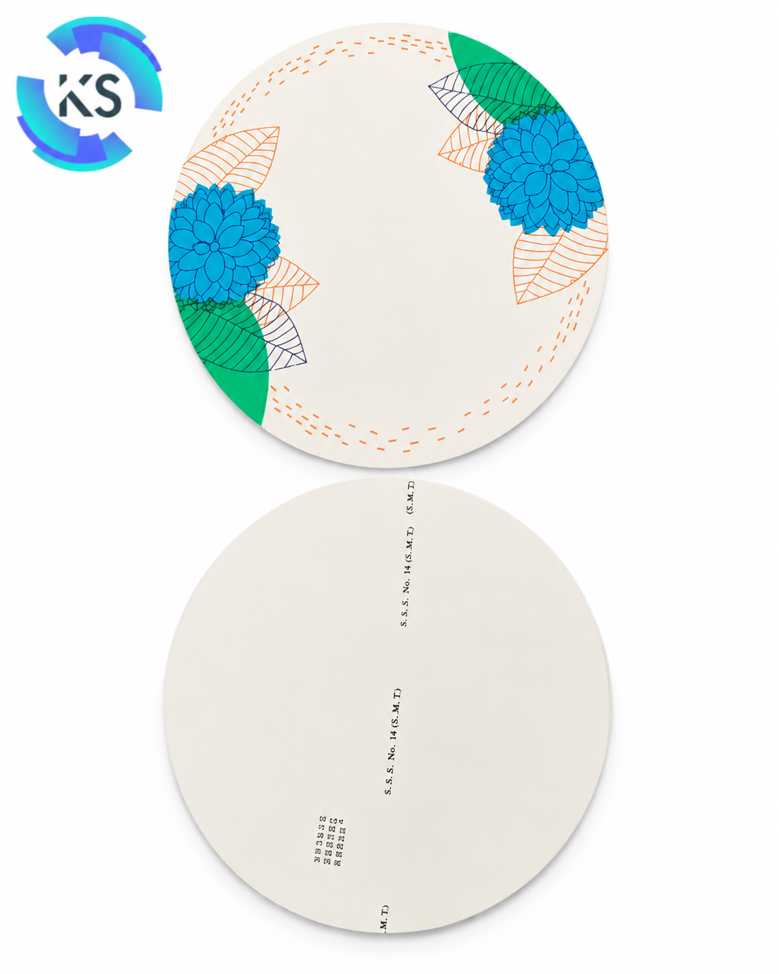 SBS Coated No. 14 (SMT) coated paper circle showing printed front side and plain coated back side
