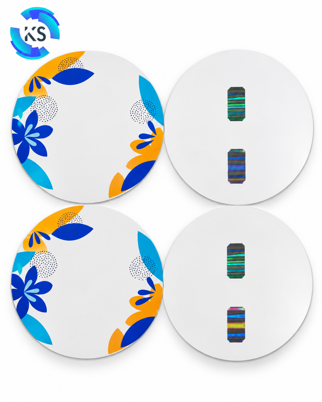 300 GSM Hologram No. 14 circular raw material in 12.40-inch size, featuring a multicolour decorative printed design on the front side and hologram-style markings on the reverse side.
