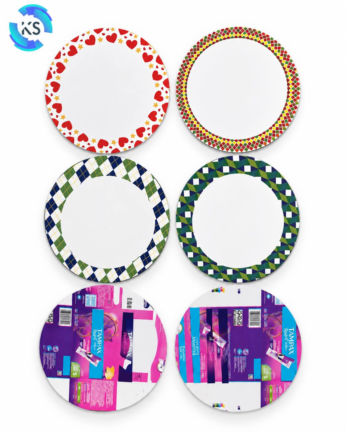 400 GSM No. 12 (Print) PD circular raw material in 11.25-inch size, shown with multiple decorative printed designs on the front and printed reverse-side material.