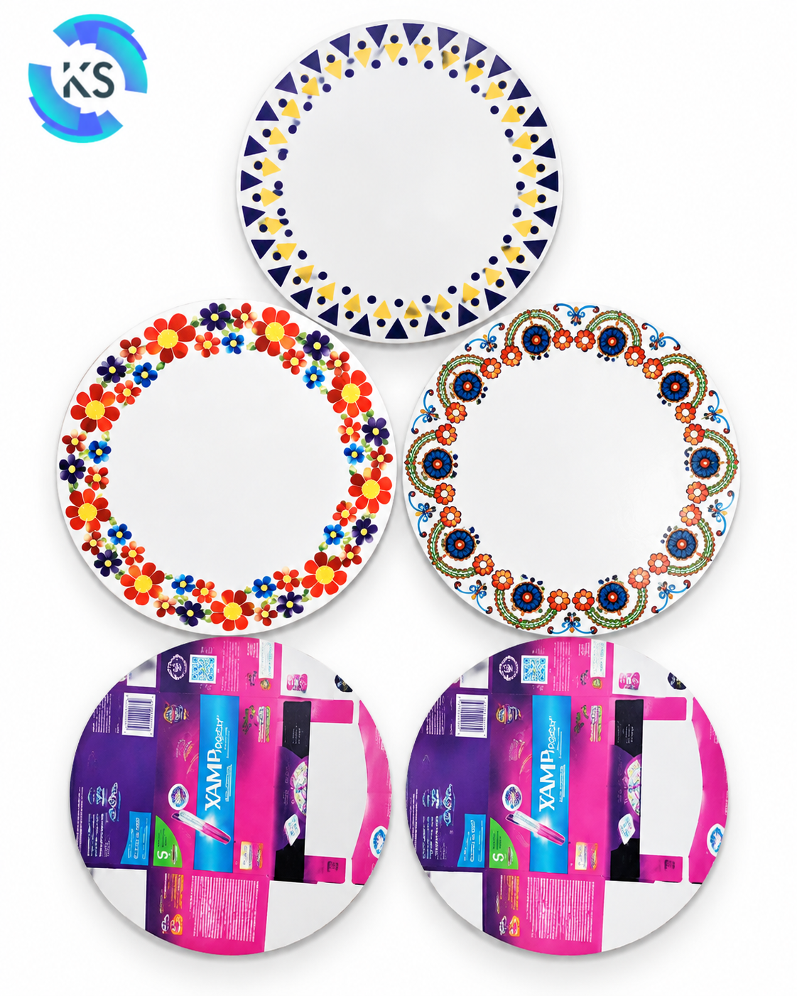 400 GSM No. 14 (Print) PD circular raw material in 12.40-inch size, featuring multiple decorative printed designs on the front and printed reverse-side material.