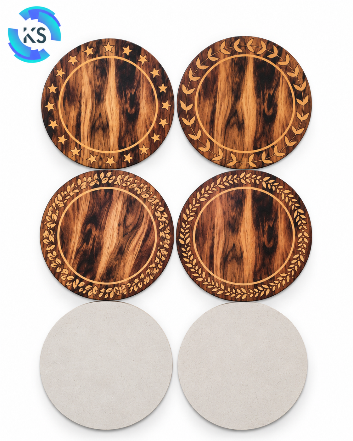 230 GSM Sunmica No. 14 circular raw material in 12.40-inch size, featuring wood-texture decorative designs with star and botanical border patterns and a plain reverse side.