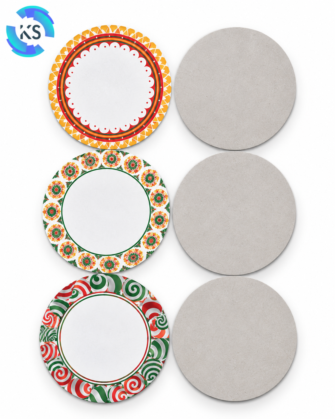 230 GSM Fancy No. 14 (Grey Back) circular raw material in 12.40-inch size, featuring multiple decorative geometric and floral printed border designs with a plain grey reverse side.