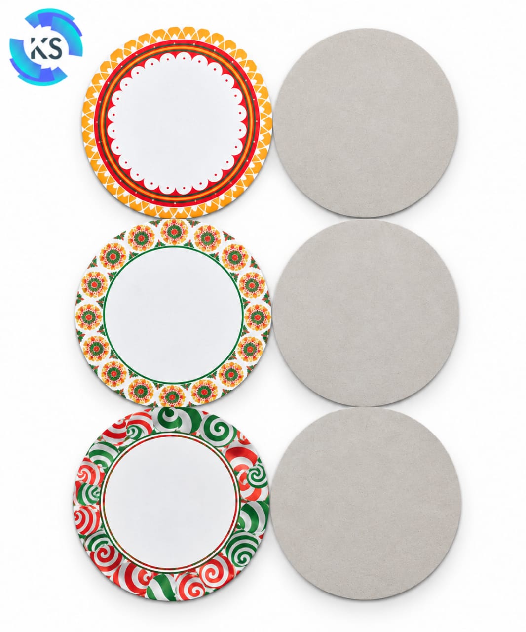 230 GSM Fancy No. 14 Grey Back 12.40-inch circular raw material with decorative printed designs